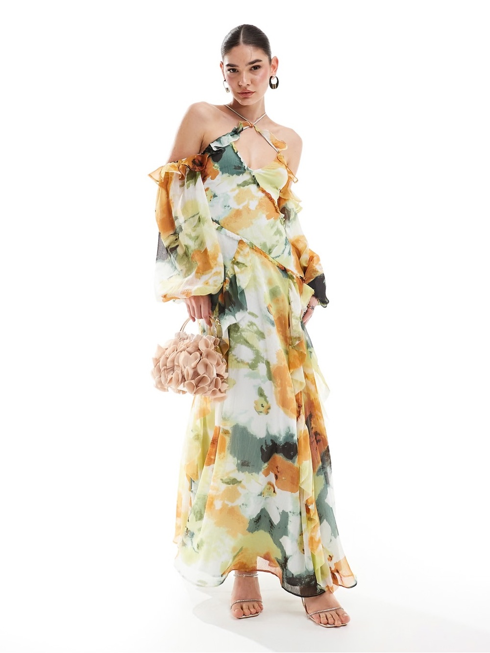 ASOS One-Shoulder Floral Chiffon Maxi Dress in Yellow and Green